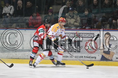 -15- Jeffrey Szwez (ESV Kaufbeuren) vor -87- Ales Kranjc (Rote Teufel Bad Nauheim), im Spiel der DEL 2 - Rote Teufel EC Bad Nauheim gegen ESV Kaufbeuren
