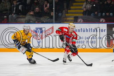 -19- Dustin Sylvester (EC Bad Nauheim) vor -12- Steve Saviano (Lausitzer F&uuml;chse), in der DEL 2 - EC Bad Nauheim gegen Lausitzer F&uuml;chse, Bad Nauheim, Colonel-Knight-Stadion, 28.12.18