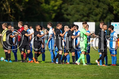 beide Teams begr&uuml;&szlig;en sich, Gruppenliga Frankfurt West - FC Olympia Fauerbach gegen DJK Bad Homburg, Friedberg - OT Fauerbach, Sportplatz, 22.09.19