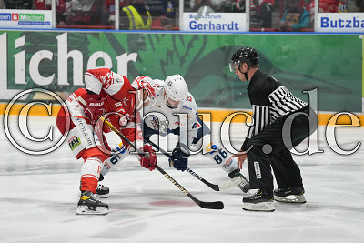 -18- Tobias W&ouml;rle (EC Bad Nauheim) gegen -86- Corey Trivino (EC Kassel Huskies) am Bully, Testspiel - EC Bad Nauheim gegen EC Kassel Huskies, Bad Nauheim, Colonel-Knight-Stadion, 24.09.21