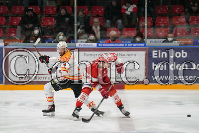 -89- Stefan Reiter (EC Bad Nauheim) gegen -47- Alexander Thiel (-A- ESV Kaufbeuren), DEL 2 - EC Bad Nauheim gegen ESV Kaufbeuren, Bad Nauheim, Colonel-Knight-Stadion, 21.01.22