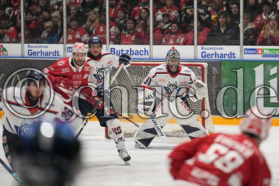 -78- Kevin Orendorz (EC Bad Nauheim) gegen -45- Carson McMillan (EC Kassel Huskies) vor -31- Brandon Maxwell (Torwart EC Kassel Huskies), DEL 2 - EC Bad Nauheim gegen EC Kassel Huskies, Bad Nauheim, Colonel-Knight-Stadion, 26.11.23