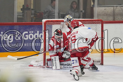 -5- Robert Kneisler (EV Landshut) gegen -90- Parker Bowles (EC Bad Nauheim) und -35- Jerry Kuhn (Torwart EC Bad Nauheim), DEL 2 - EC Bad Nauheim gegen EV Landshut, Bad Nauheim, Colonel-Knight-Stadion, 29.09.24