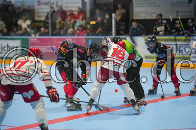 -71- Henry Wellhausen gegen -16- Dominic Doden (D&uuml;sseldorf Rams) beim Bully, Viertelfinale Play-Offs 1.  Bundesliga - Rhein-Main Patriots gegen D&uuml;sseldorf Rams, Niddatal OT Assenheim, Skaterhockeyhalle Assenheim, 11.10.25